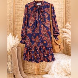 LOFT Paisley Tie Neck Mini Dress Navy Red Boho Ruffle Hem Size M